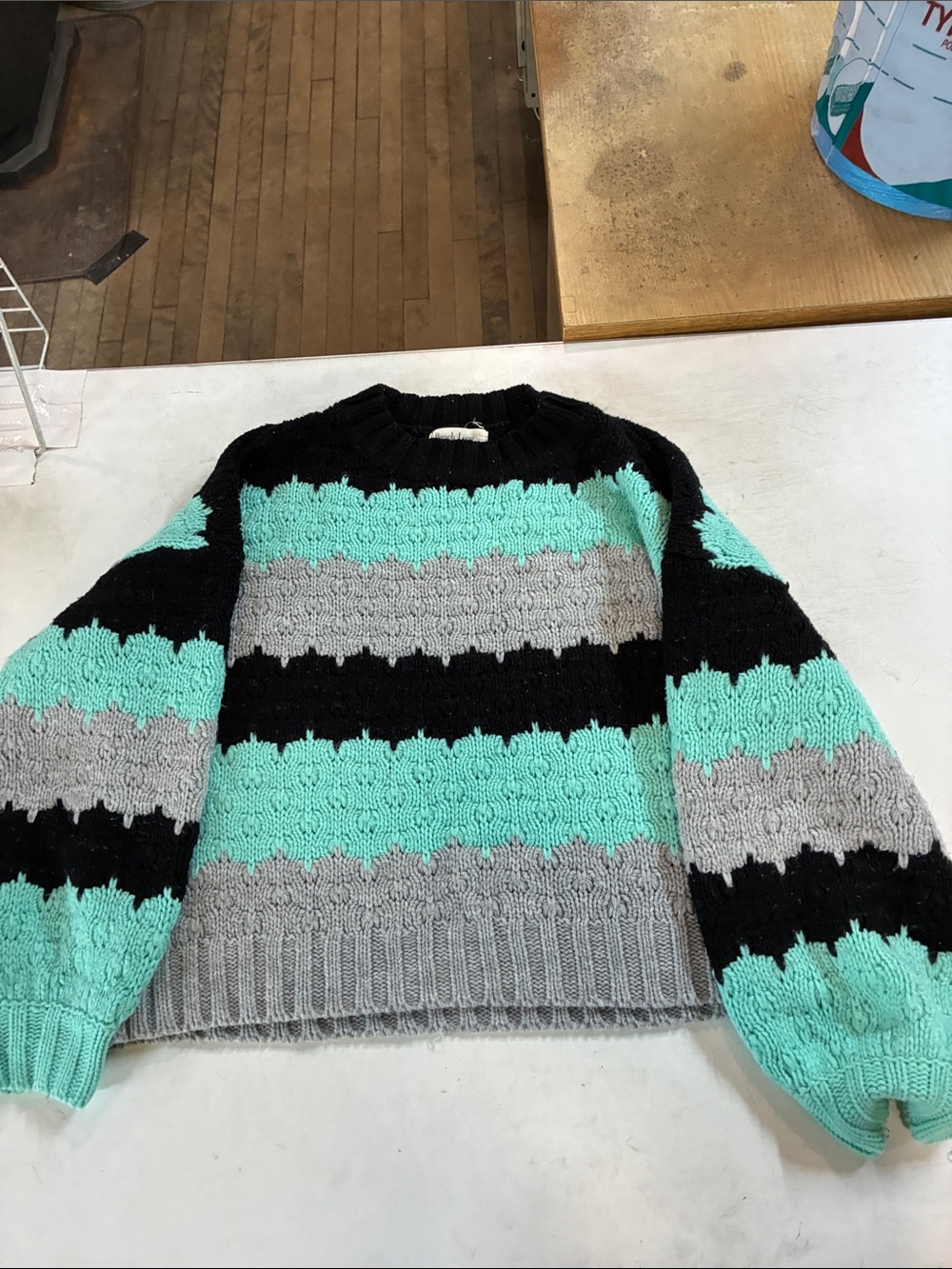 Peach Love California Black, Mint & Gray Striped Knit Sweater